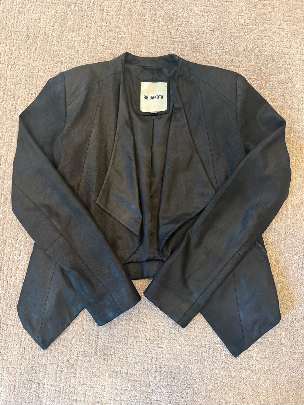 BB Dakota Black Open-Front Draped Faux Leather Blazer